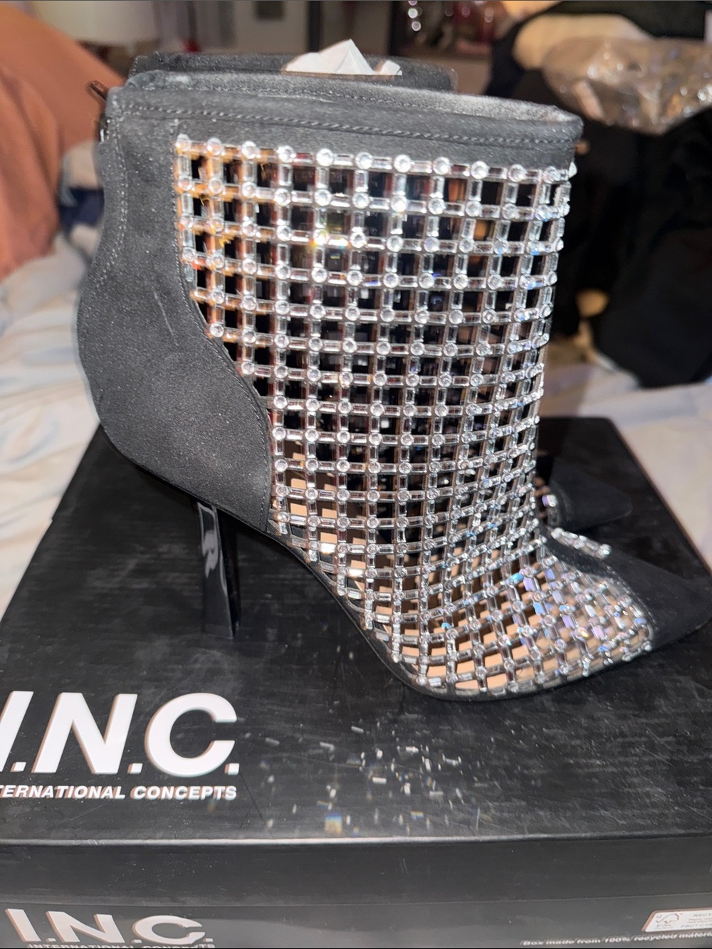 INC International Concepts Black Crystal Mesh Pointed-Toe Ankle Boots - Picture 4 of 4
